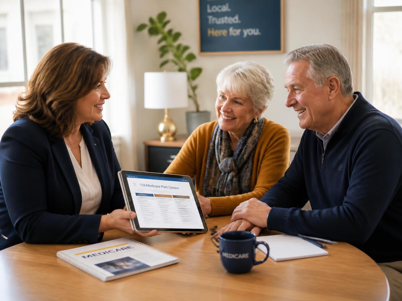 Licensed St. Louis Medicare advisor reviewing plan options with a retired couple at their kitchen table