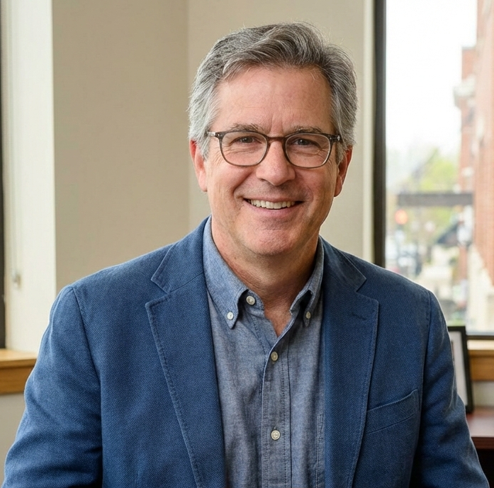 Senior insurance agent in St. Louis wearing a blue blazer and glasses, smiling in an office setting